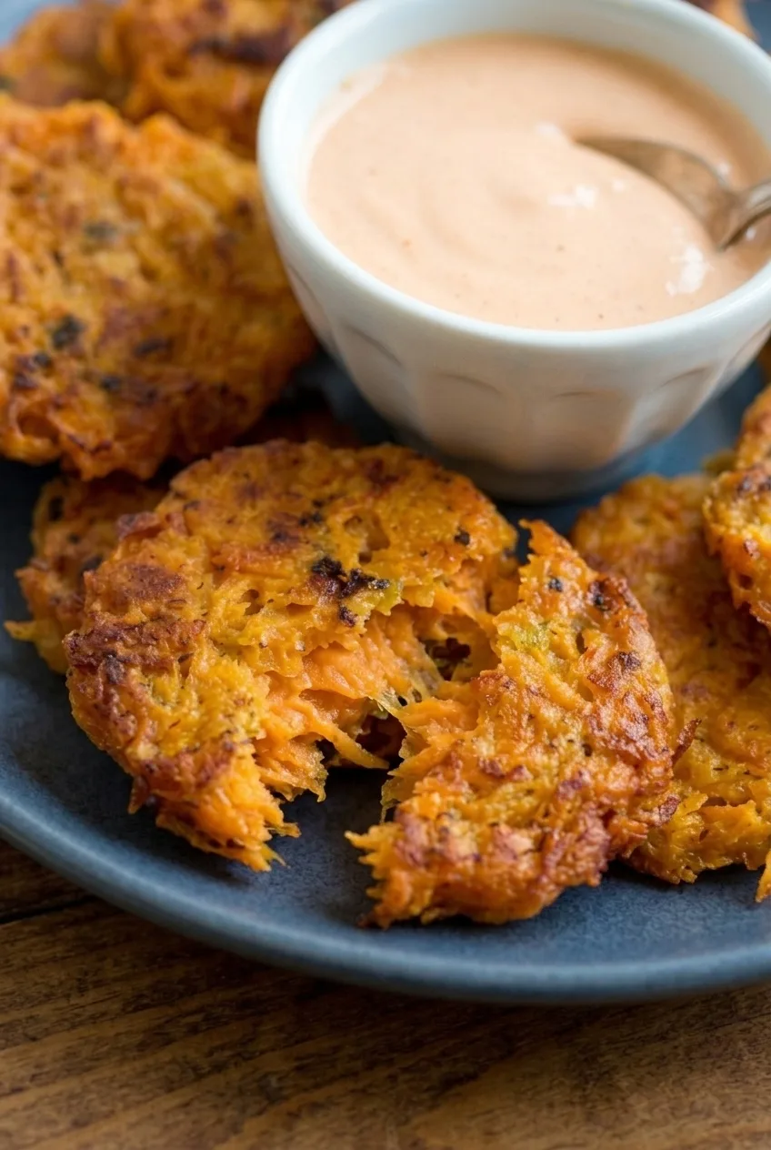 Close view of a broken sweet potato fritter showing tender shreds and a crisp browned edge