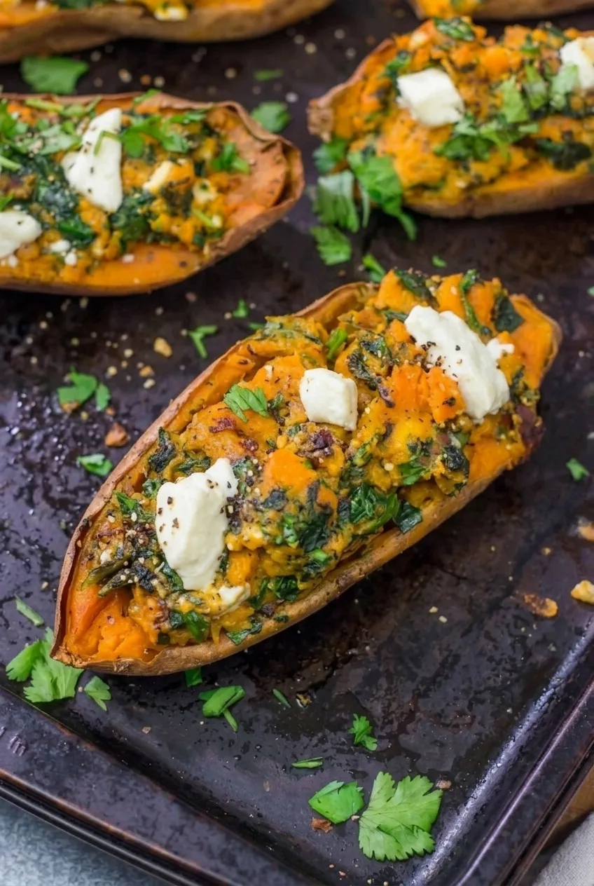 Close view of orange sweet potato filling flecked with spinach and topped with cream cheese and cilantro