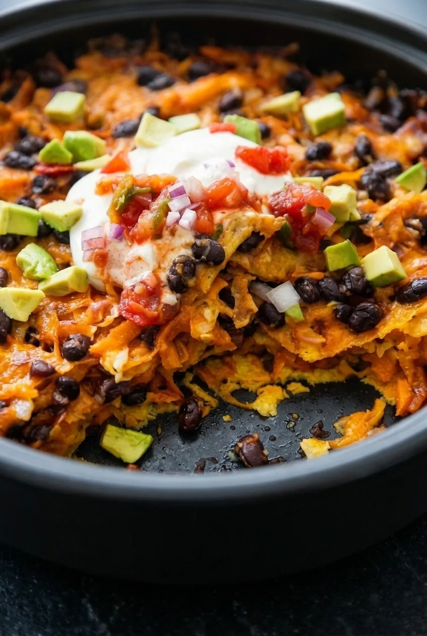 Close view of the casserole’s soft, saucy layers beneath melted cheese and whole black beans