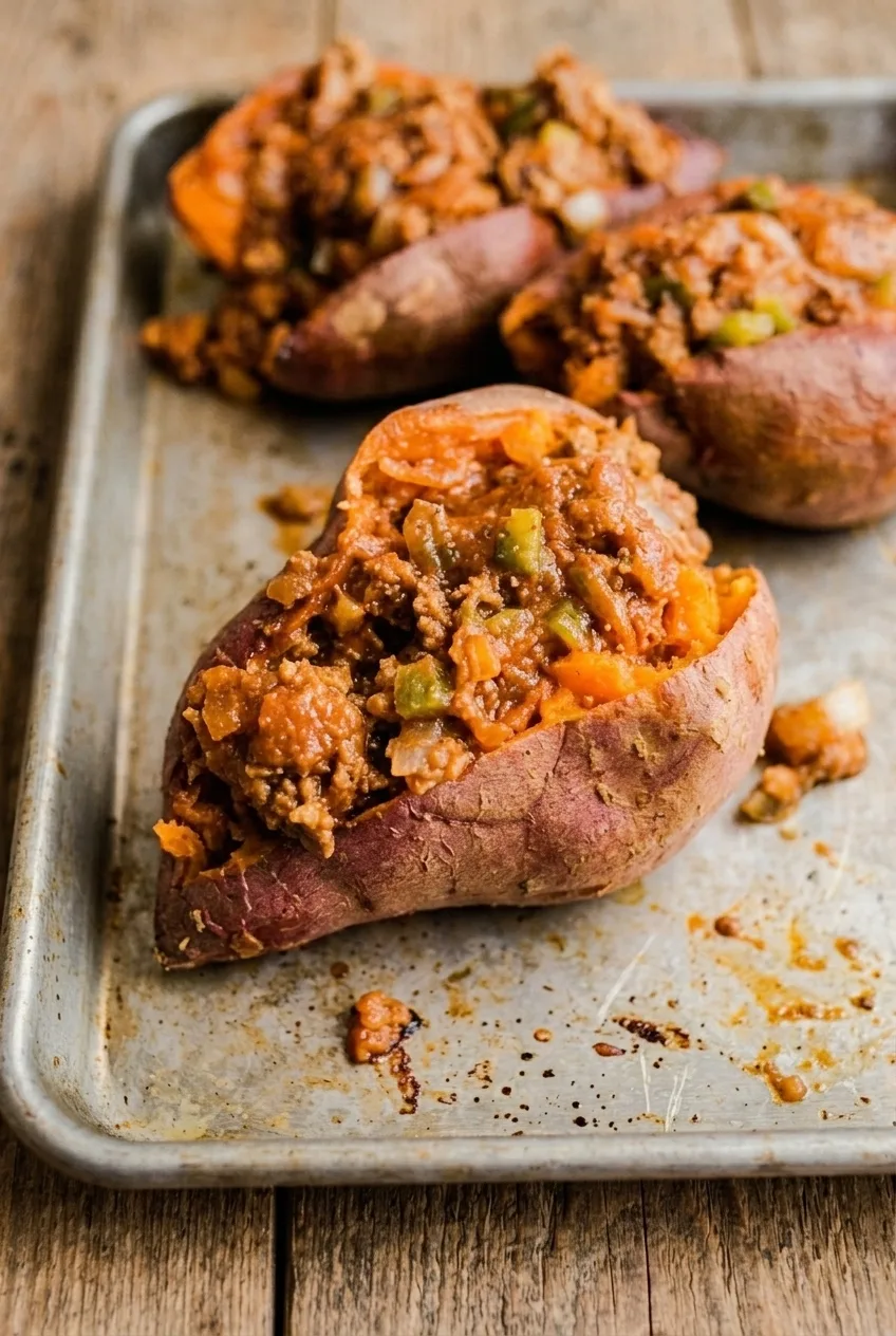 Close view of orange sweet potato flesh beneath beef sloppy joe filling with diced pepper and onion