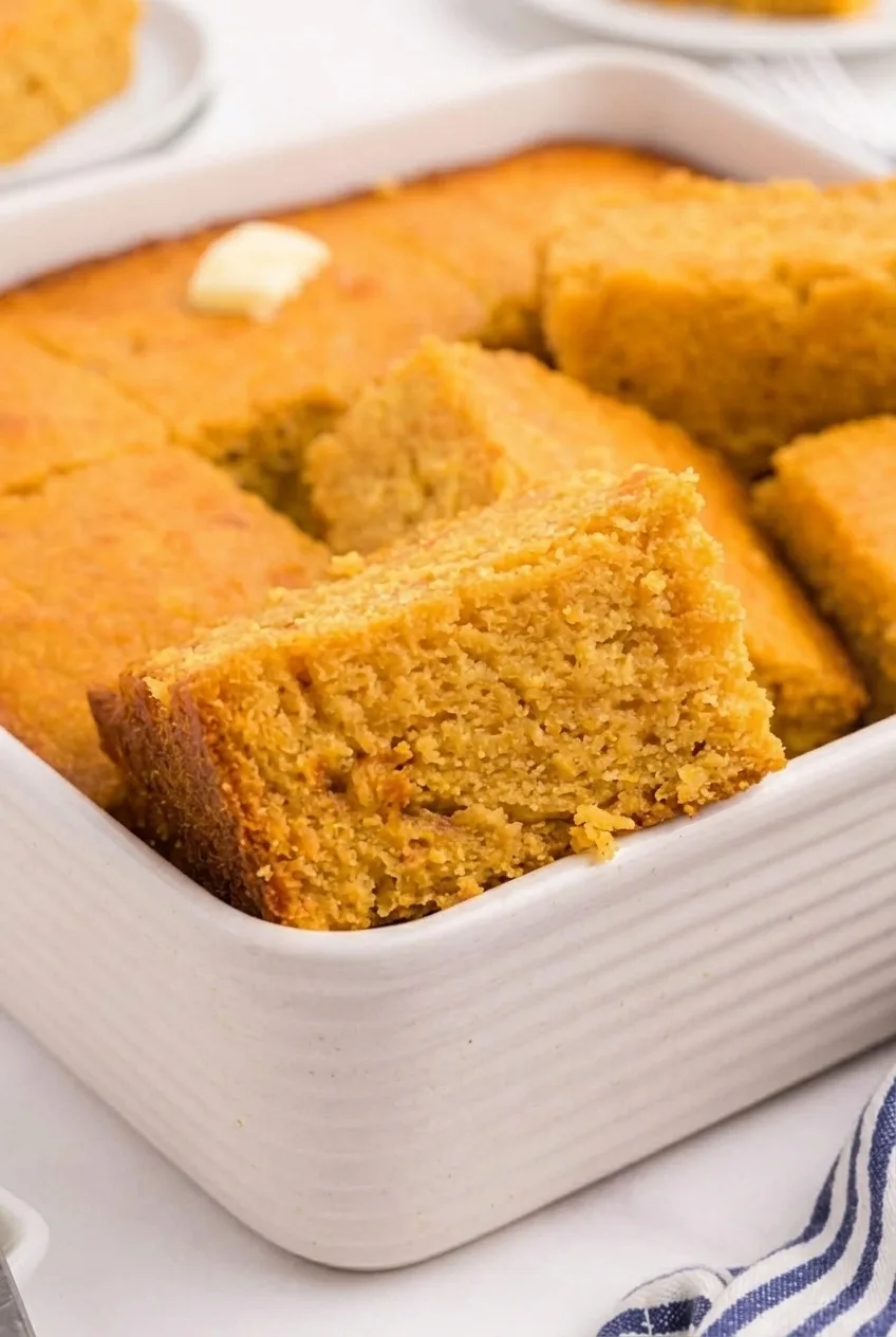 Close view of a lifted sweet potato cornbread square showing its orange-gold crumb and browned edge