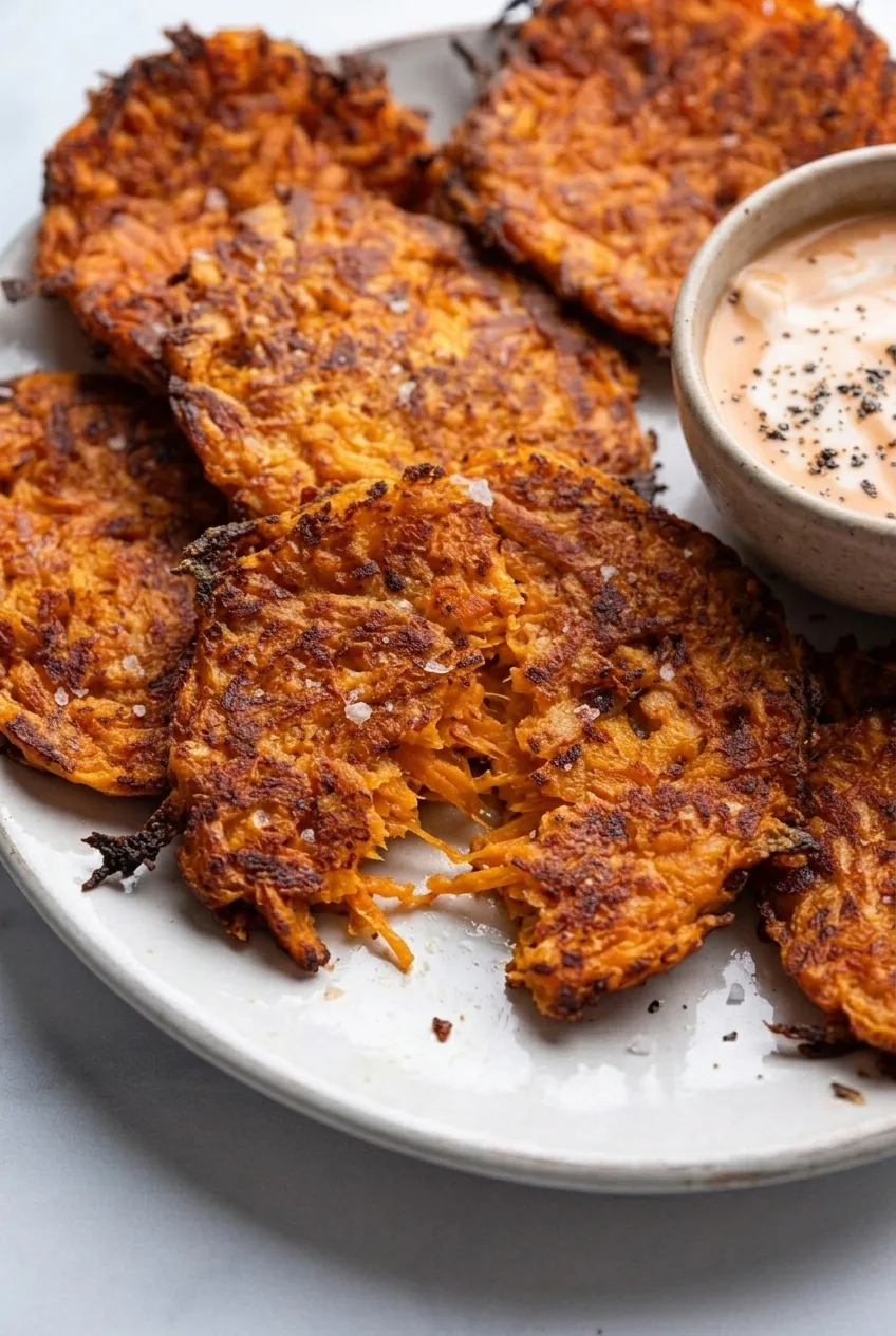 Broken-open sweet potato hash brown showing tender shreds and crisp browned edges beside creamy dip