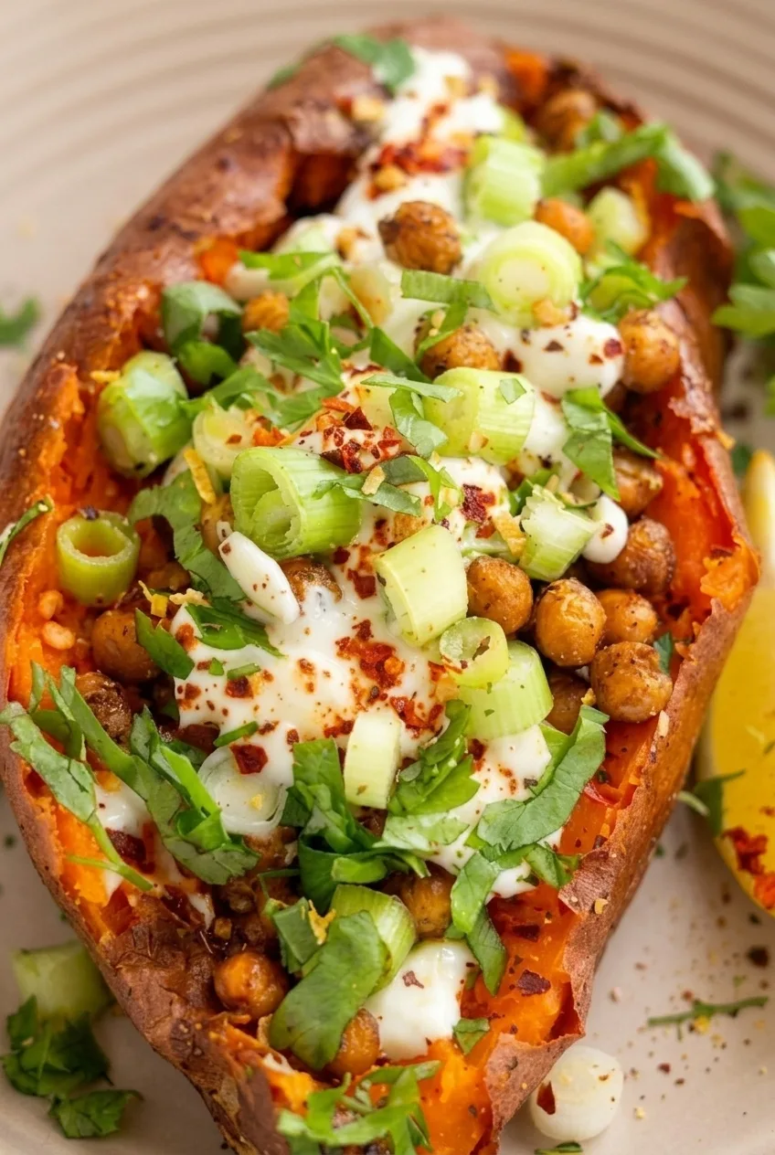 Close view of orange sweet potato flesh beneath browned chickpeas, yogurt dollops, and sliced green onions