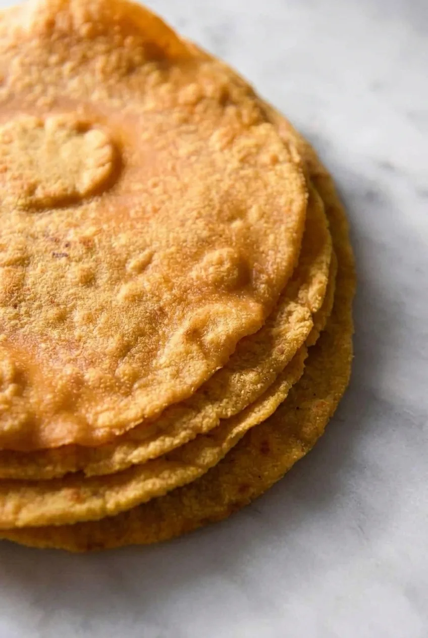 Close view of thin sweet potato tortilla edges and a lightly blistered, skillet-browned surface
