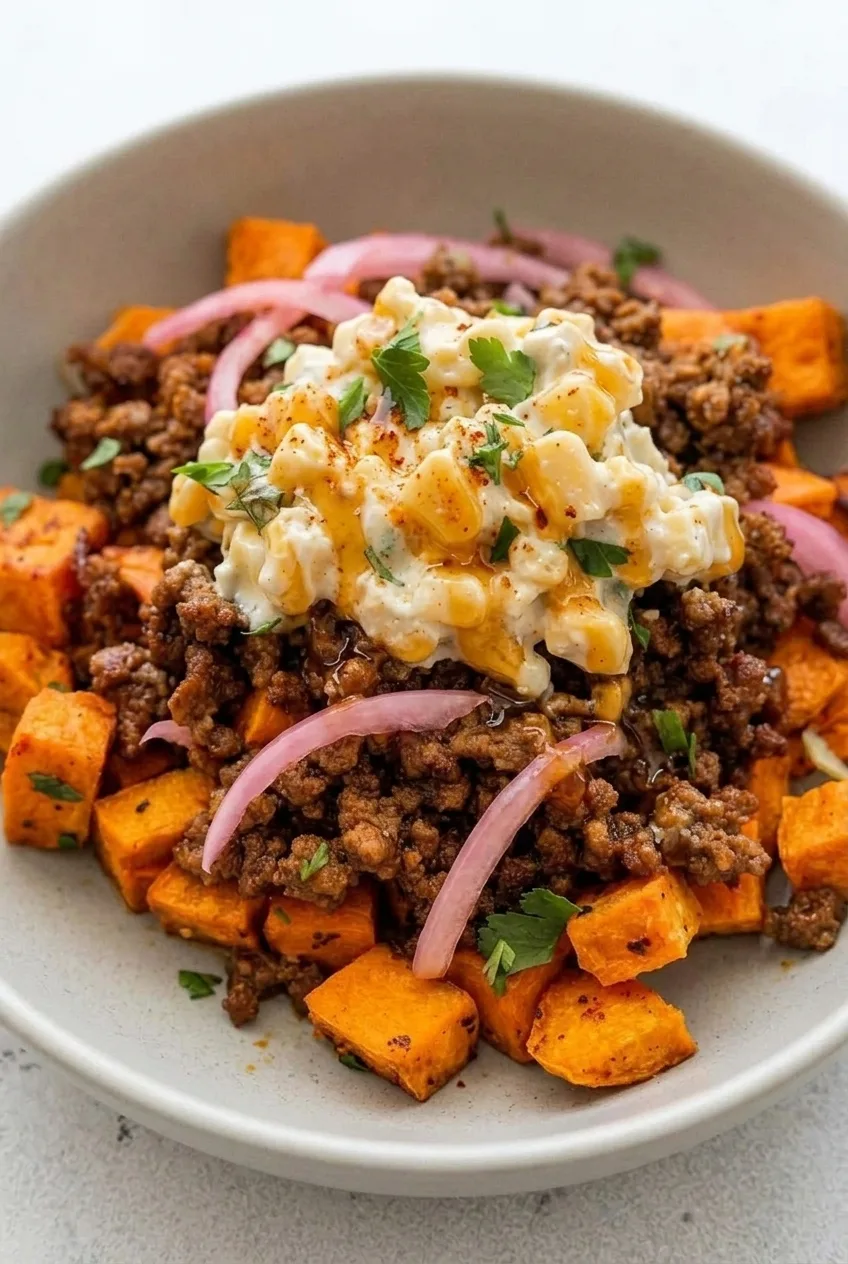 Close view of creamy whole-kernel corn over browned beef and roasted sweet potato cubes