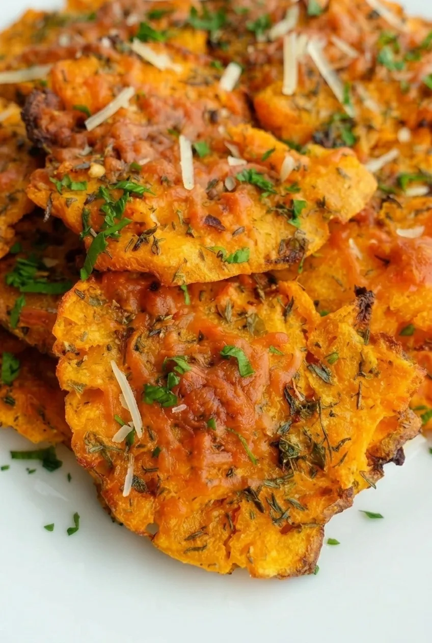 Close view of a smashed sweet-potato round showing its tender orange center and browned Parmesan edge