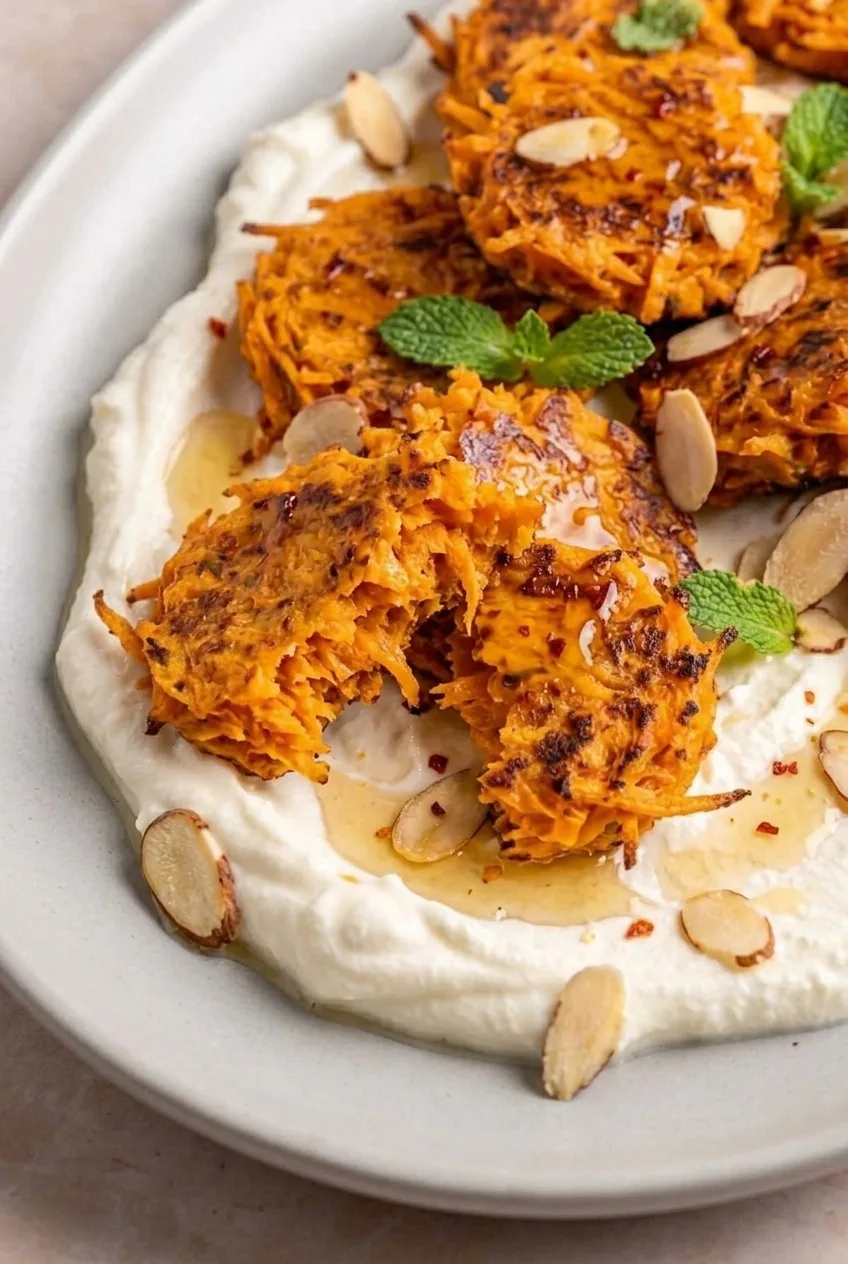 Broken-open sweet potato fritter showing orange shreds and browned edges beside whipped feta