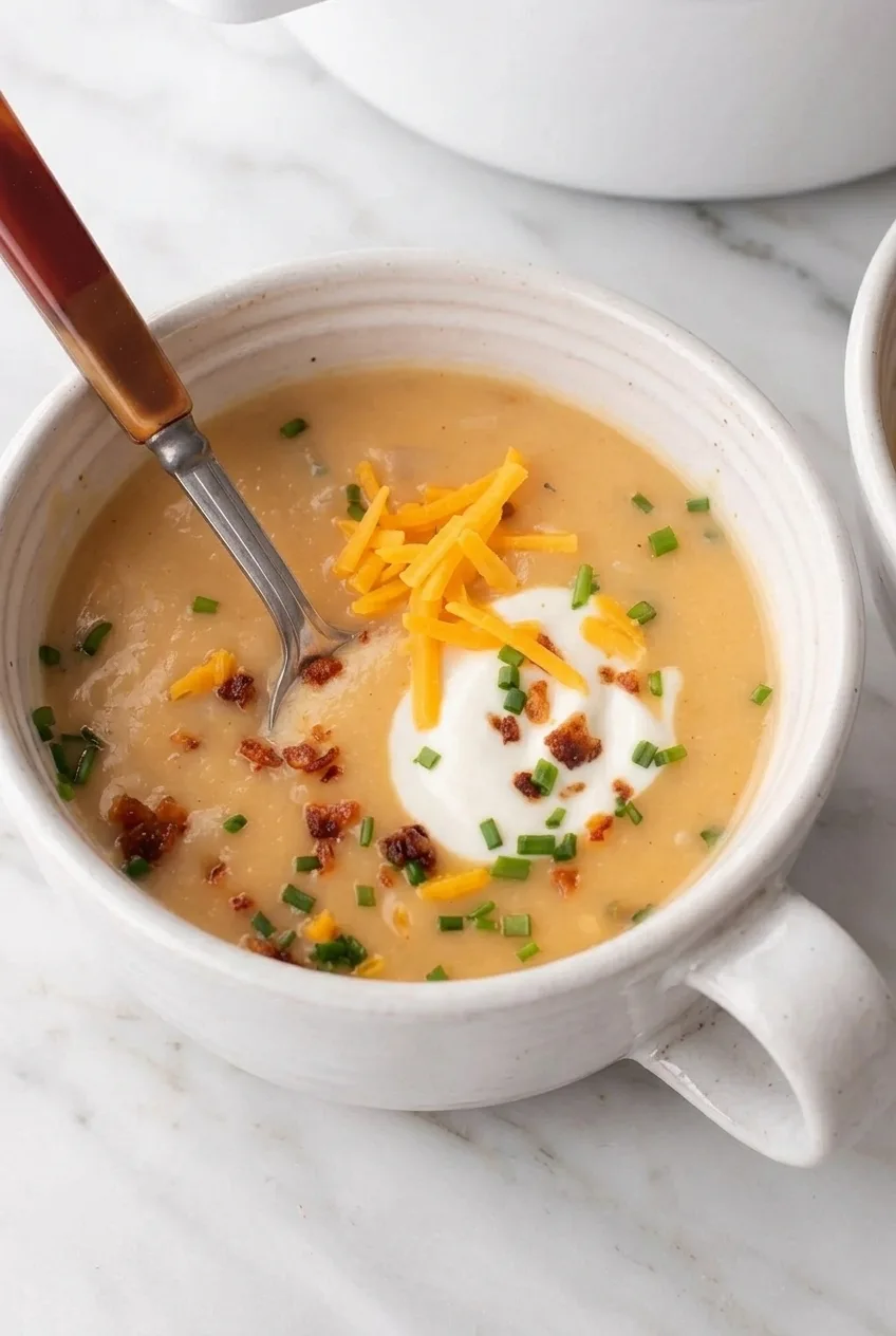 Close view of creamy apple cheddar sweet potato soup with shredded cheddar, sour cream, chives, and crouton crumbles