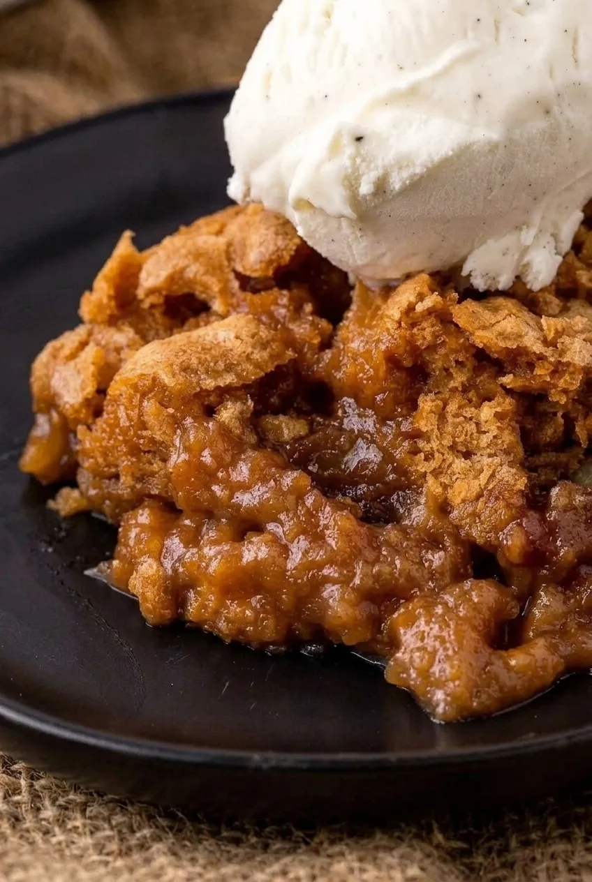 Close view of sweet potato chunks and glossy sauce beneath the cobbler’s craggy biscuit topping