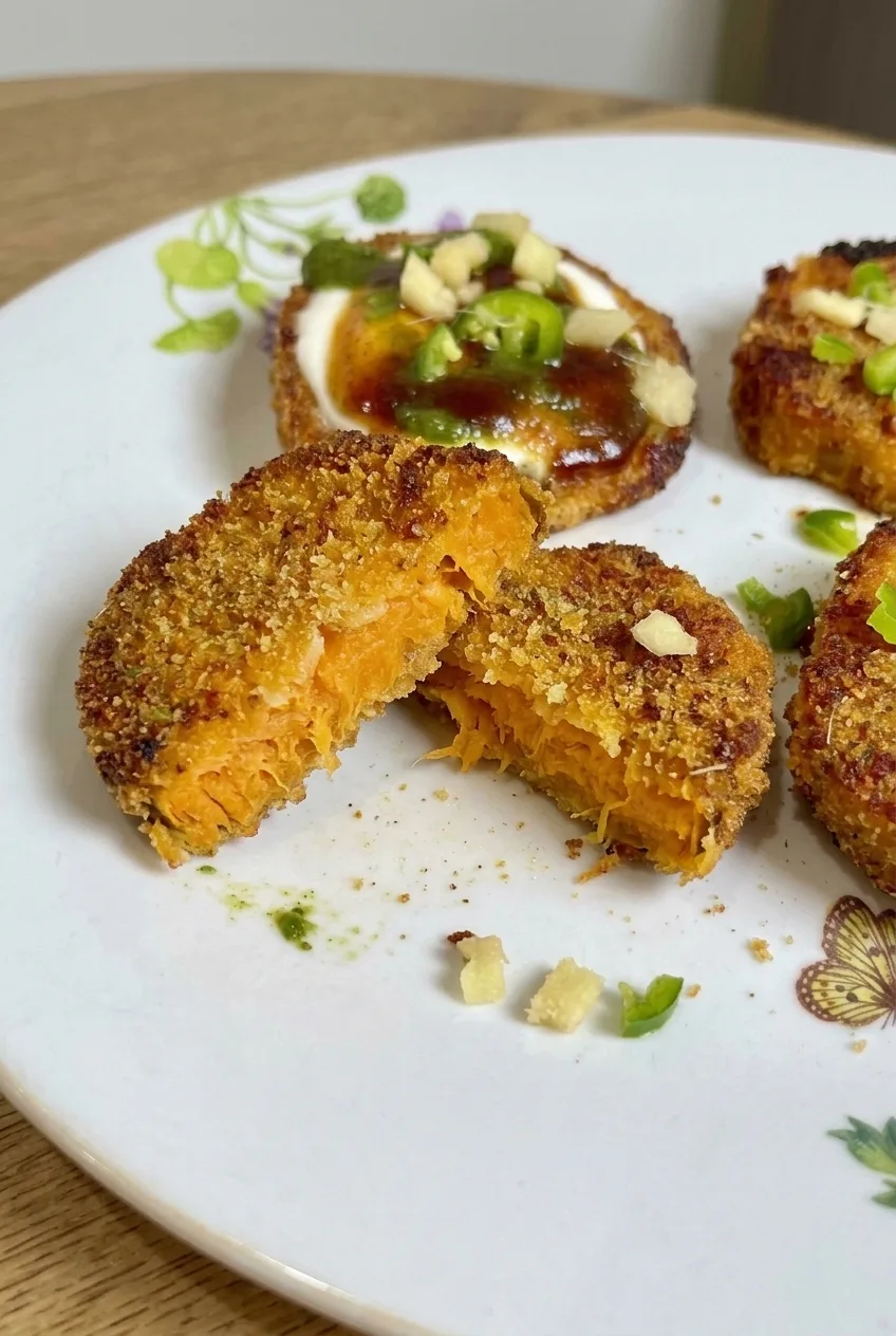 Close view of a cut sweet potato chaat round showing its orange center and crisp breadcrumb coating