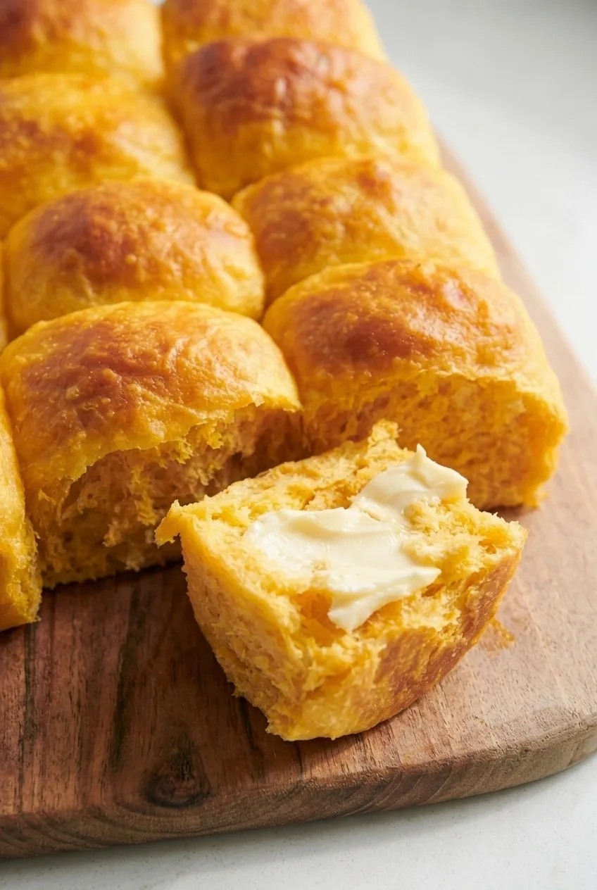 Close view of a torn sweet potato roll showing fluffy orange-tinted crumb and softened butter