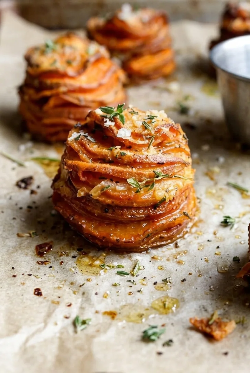 Close view of tender orange layers and browned edges on a sweet potato stack
