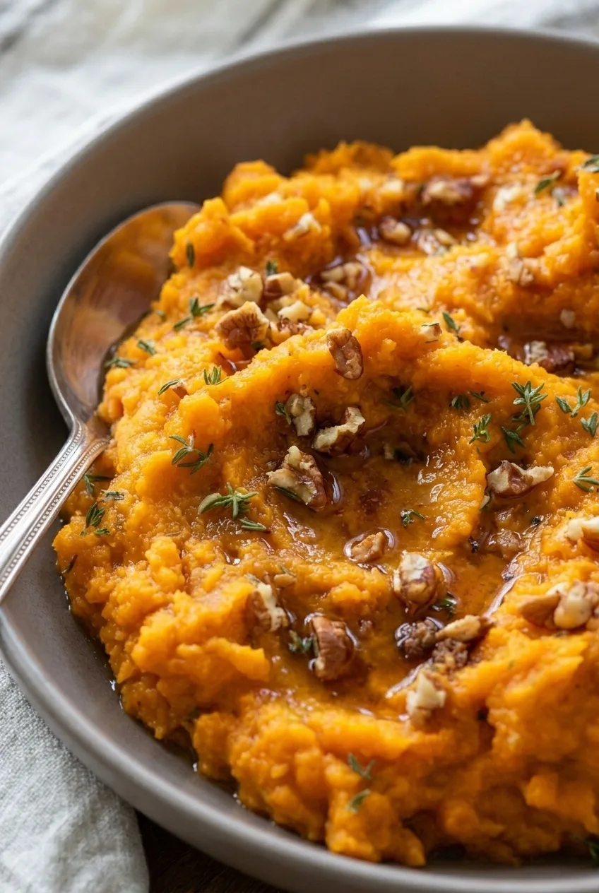 Close view of soft sweet potato swirls with brown butter, pecan pieces, and thyme leaves