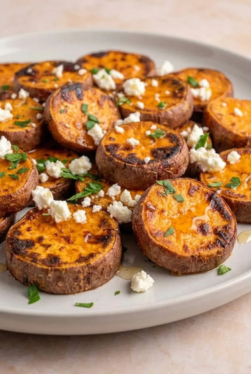 Close view of honey-glossed sweet potato rounds with browned edges and feta crumbles