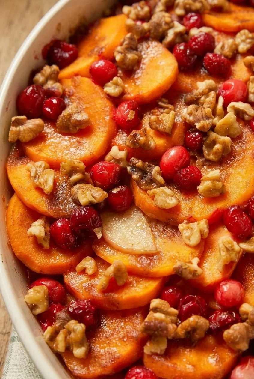 Close view of glazed sweet potato rounds with tender apple slices, cranberries, and walnut pieces