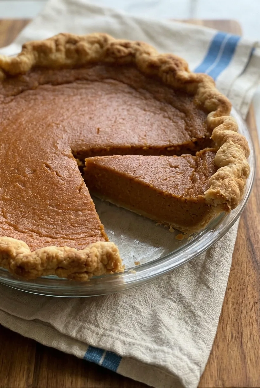 Close view of a cut sweet potato pie wedge showing smooth custard and flaky pastry