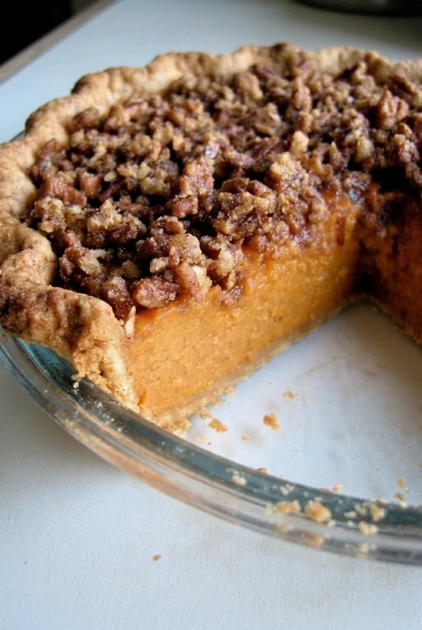 Close view of smooth orange sweet potato filling, craggy pecan crumbs, and browned pastry crust