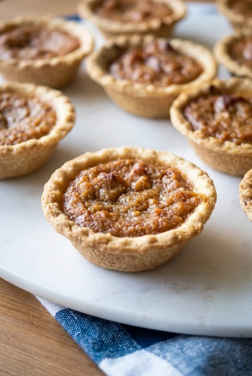 Close view of a mini sweet potato pie’s gently rippled filling and golden fluted pastry rim