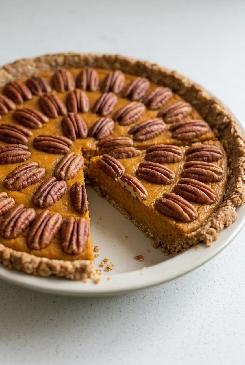 Cut wedge of sweet potato pie showing thick orange filling and a textured oat-pecan crust