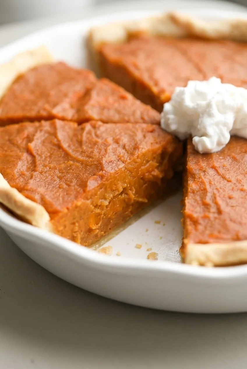 Close view of a vegan sweet potato pie wedge showing its smooth orange filling and golden pastry crust