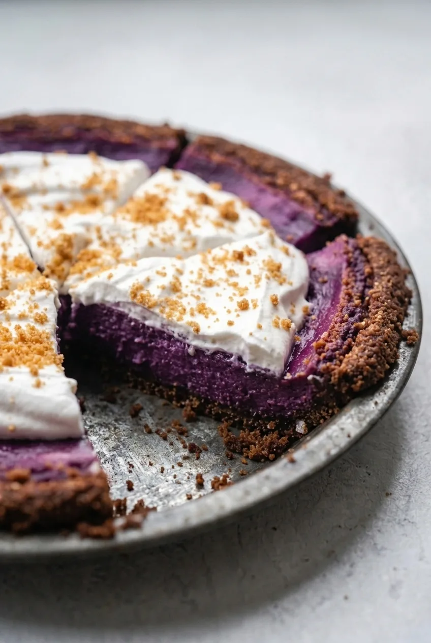 Close view of a cut pie wedge showing thick purple filling, dark gingersnap crust, and soft whipped cream