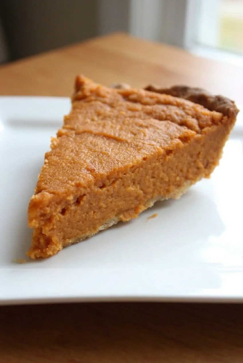 Close view of the set orange filling and thin pastry crust in a slice of sweet potato pie