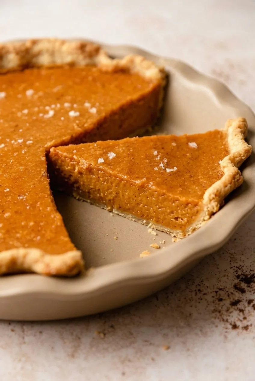 Close view of the smooth sweet potato custard, salt flakes, and flaky crust at a cut wedge