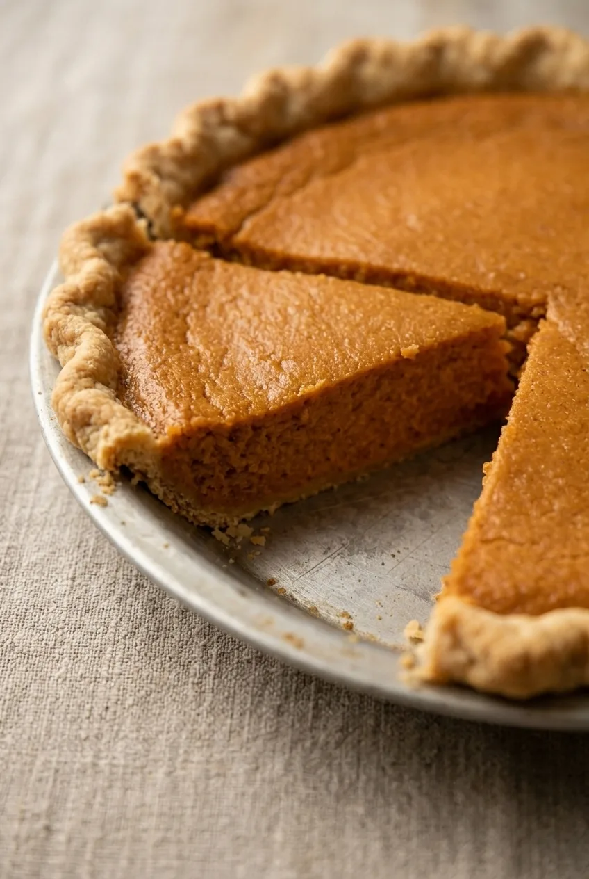 Close view of a sweet potato pie slice showing its smooth filling and pastry crust