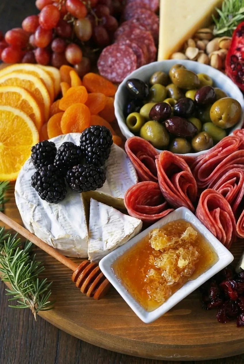 Close view of blackberry-topped cut Brie, folded prosciutto, salami, olives, and honeycomb
