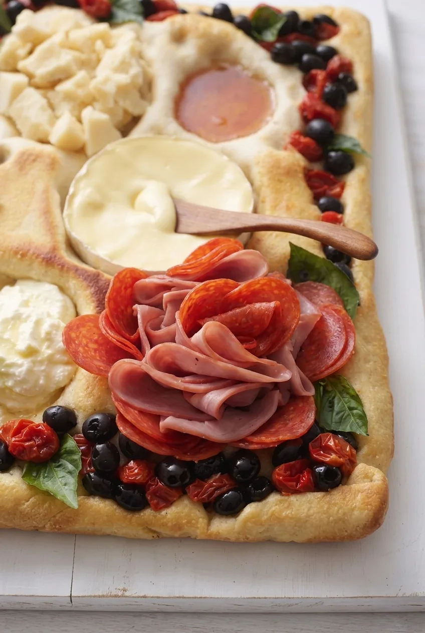 Close view of folded meats, creamy Brie, and golden focaccia beside olives and tomatoes