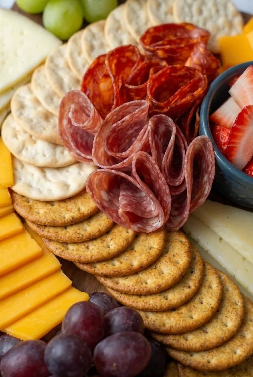 Close view of folded salami and pepperoni beside overlapping round crackers and cheddar