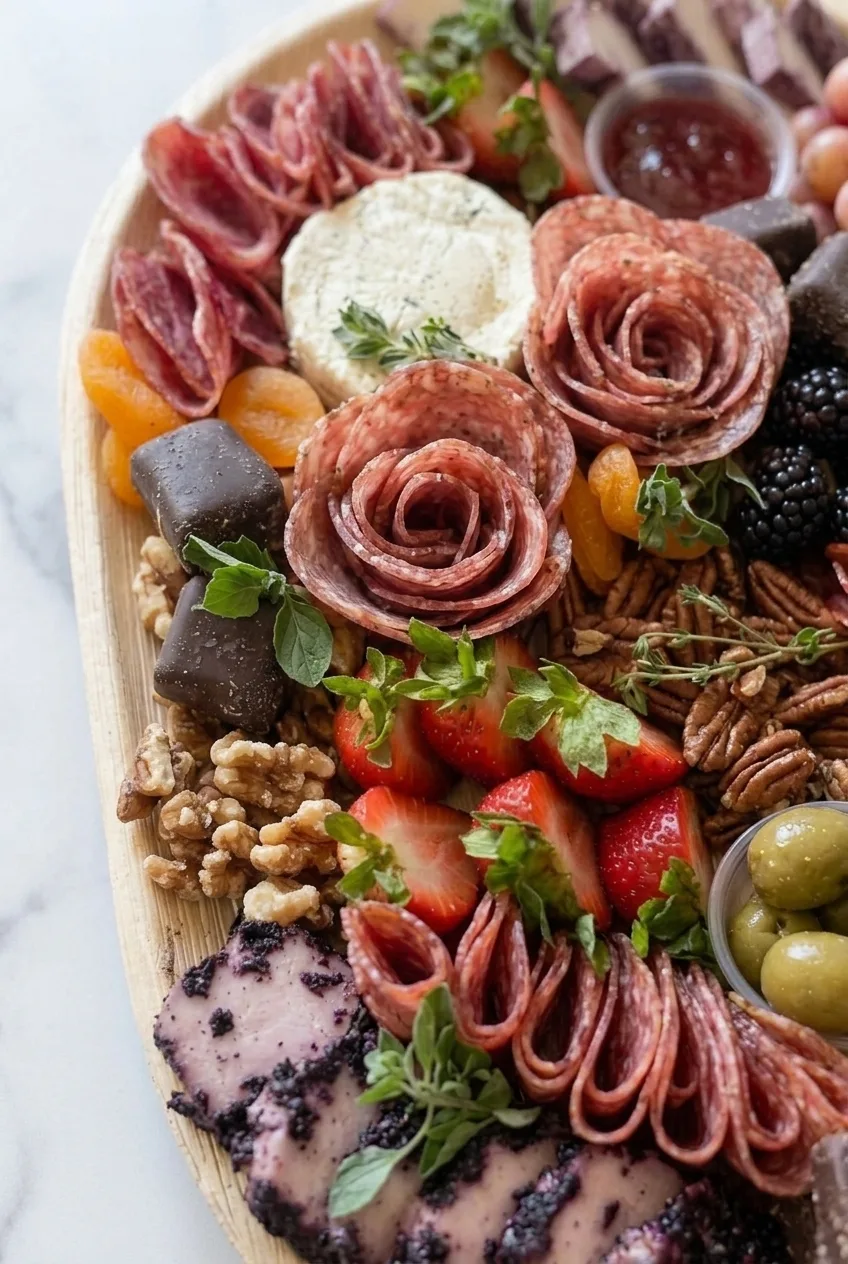 Close view of layered salami roses beside folded meat, sliced cheese, berries and nuts