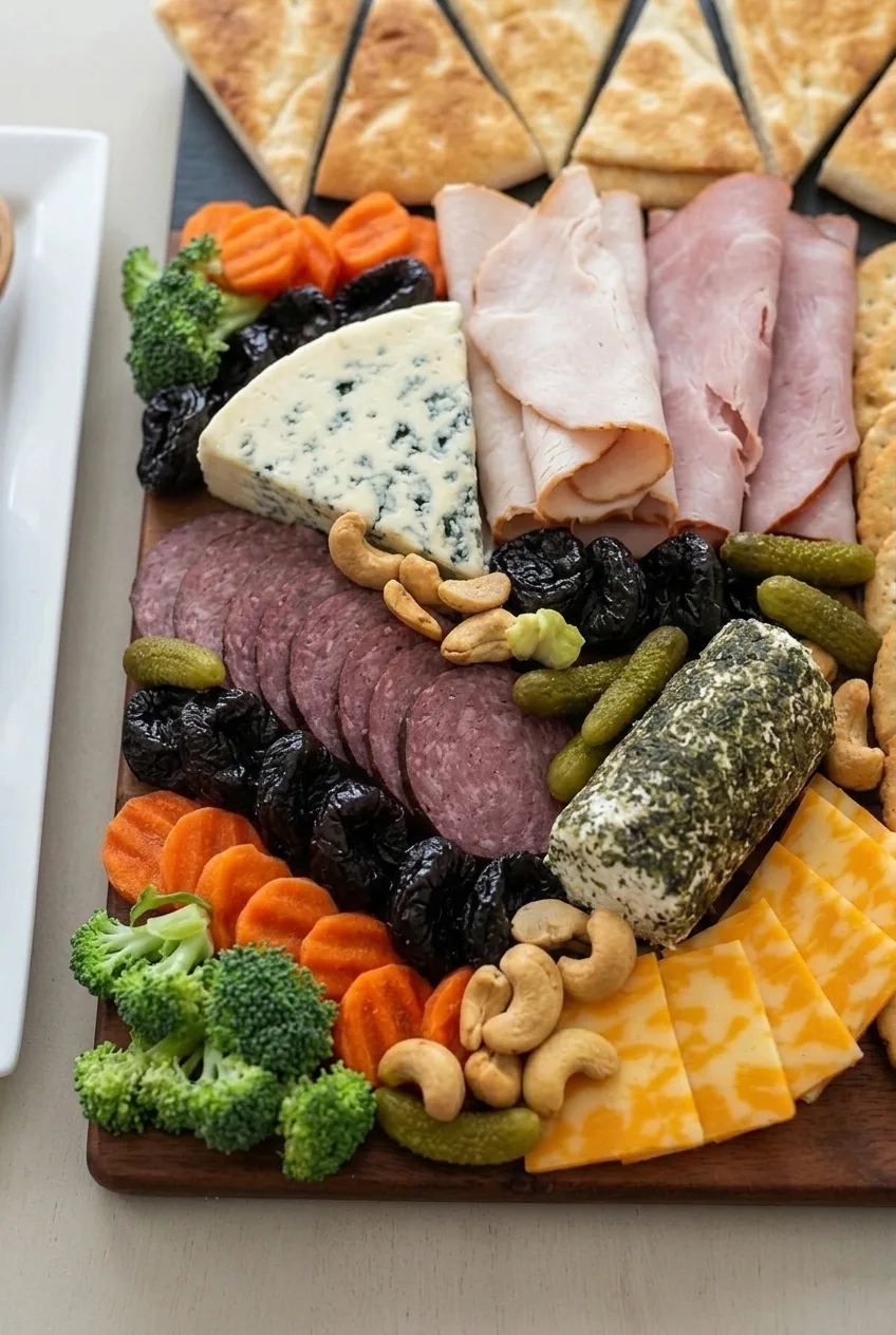 Close view of folded meats, salami, blue cheese, herb-coated goat cheese, and marbled Colby Jack