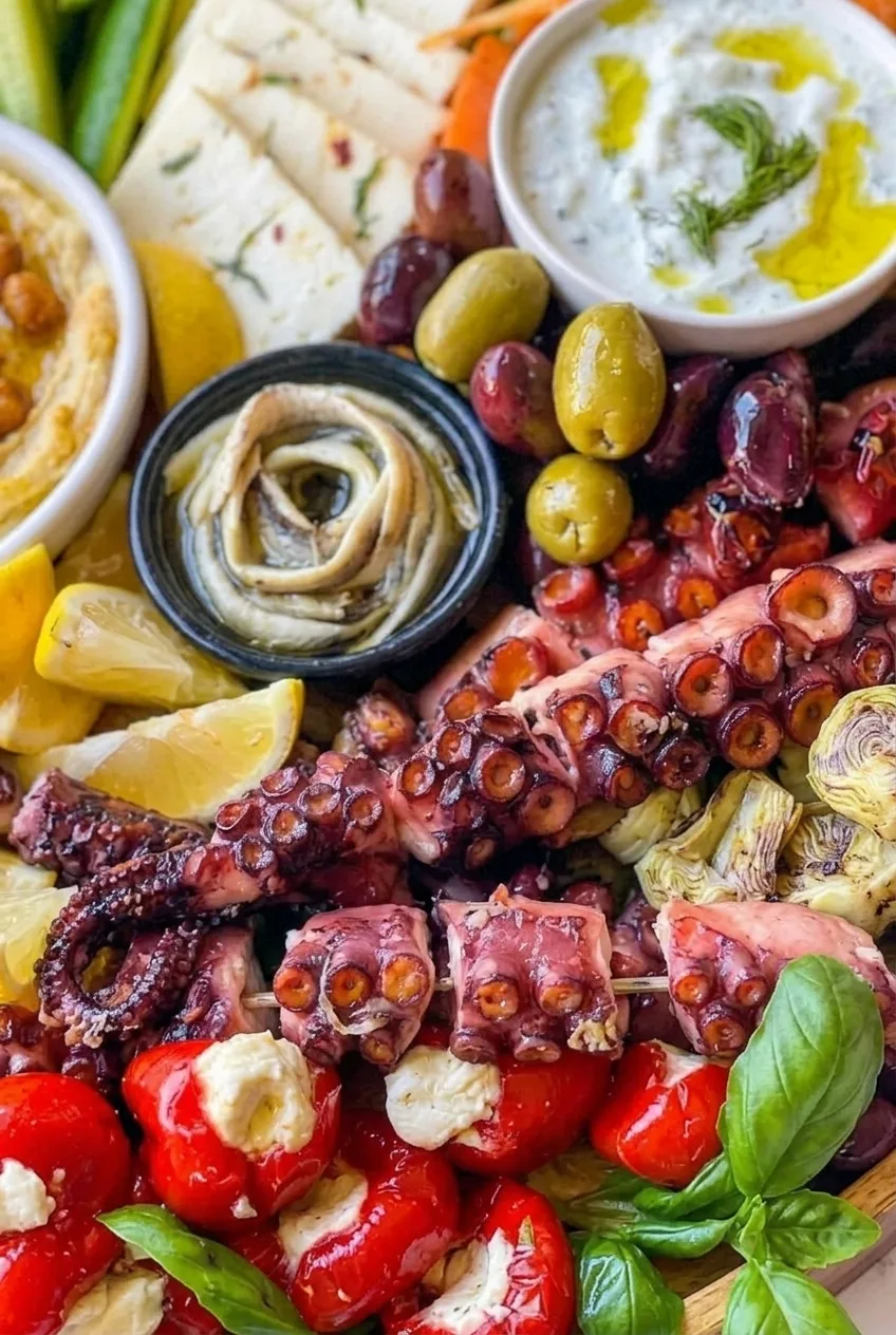 Close view of cooked octopus tentacles beside rolled fish fillets, tzatziki, olives, and artichokes