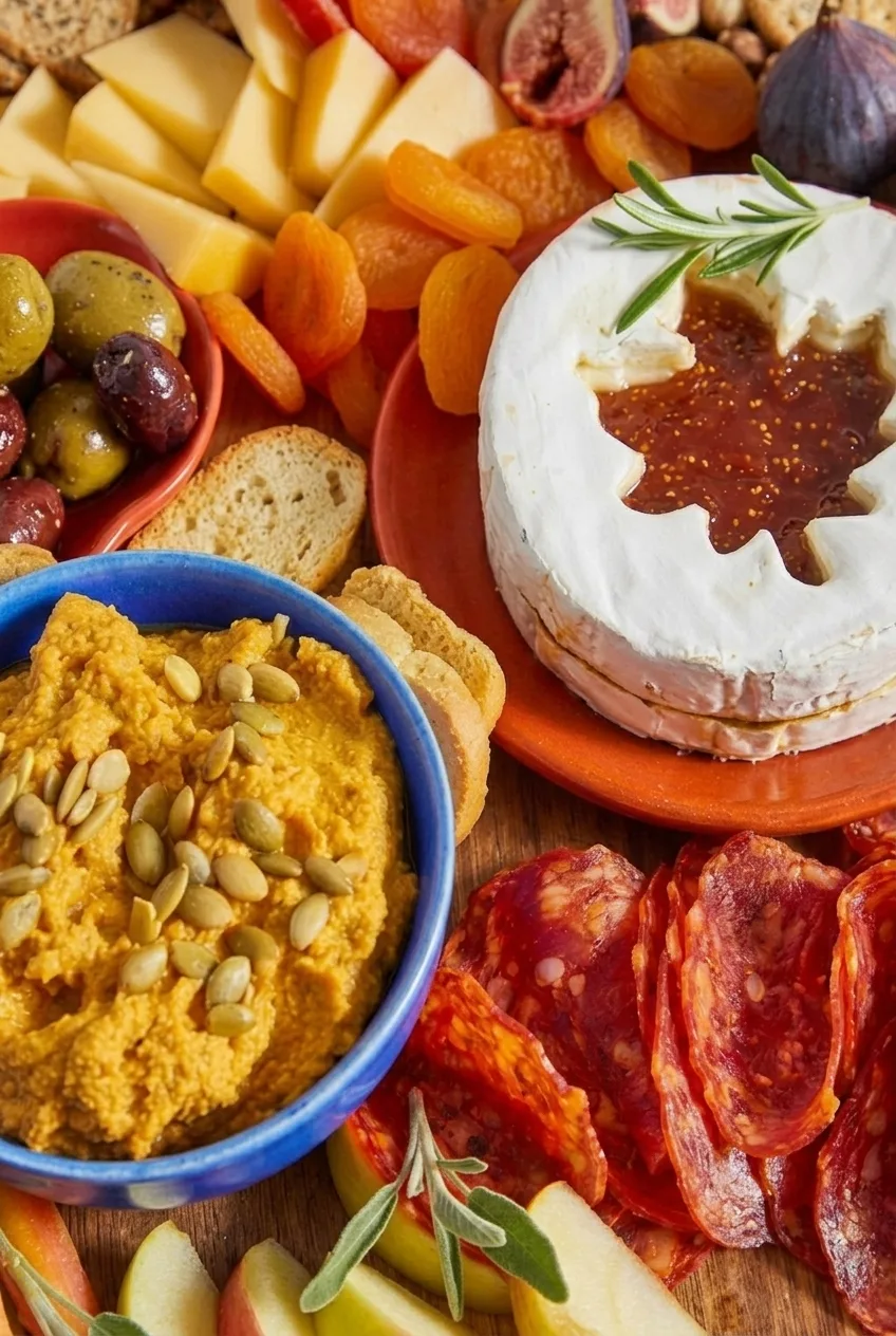 Close view of fig jam in the brie and pumpkin seeds over orange hummus, with salami and cheddar nearby
