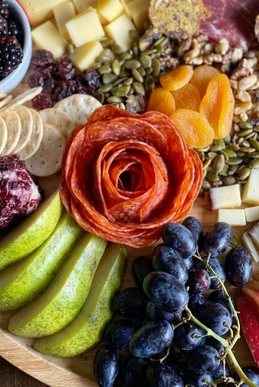 Close view of layered salami petals beside pear slices, grapes, cheese cubes, walnuts, and pumpkin seeds