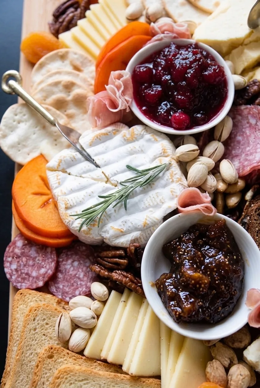 Close view of scored Brie rind beside persimmon slices, cranberry preserves, and contrasting cheeses.
