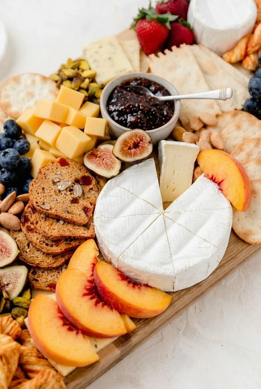 Close view of pre-cut Brie wedges beside halved figs, blueberries, crackers, and fig preserves