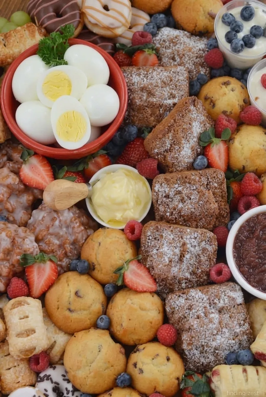 Close view of halved eggs, berry-topped yogurt, and powdered coffee-cake squares on the breakfast board