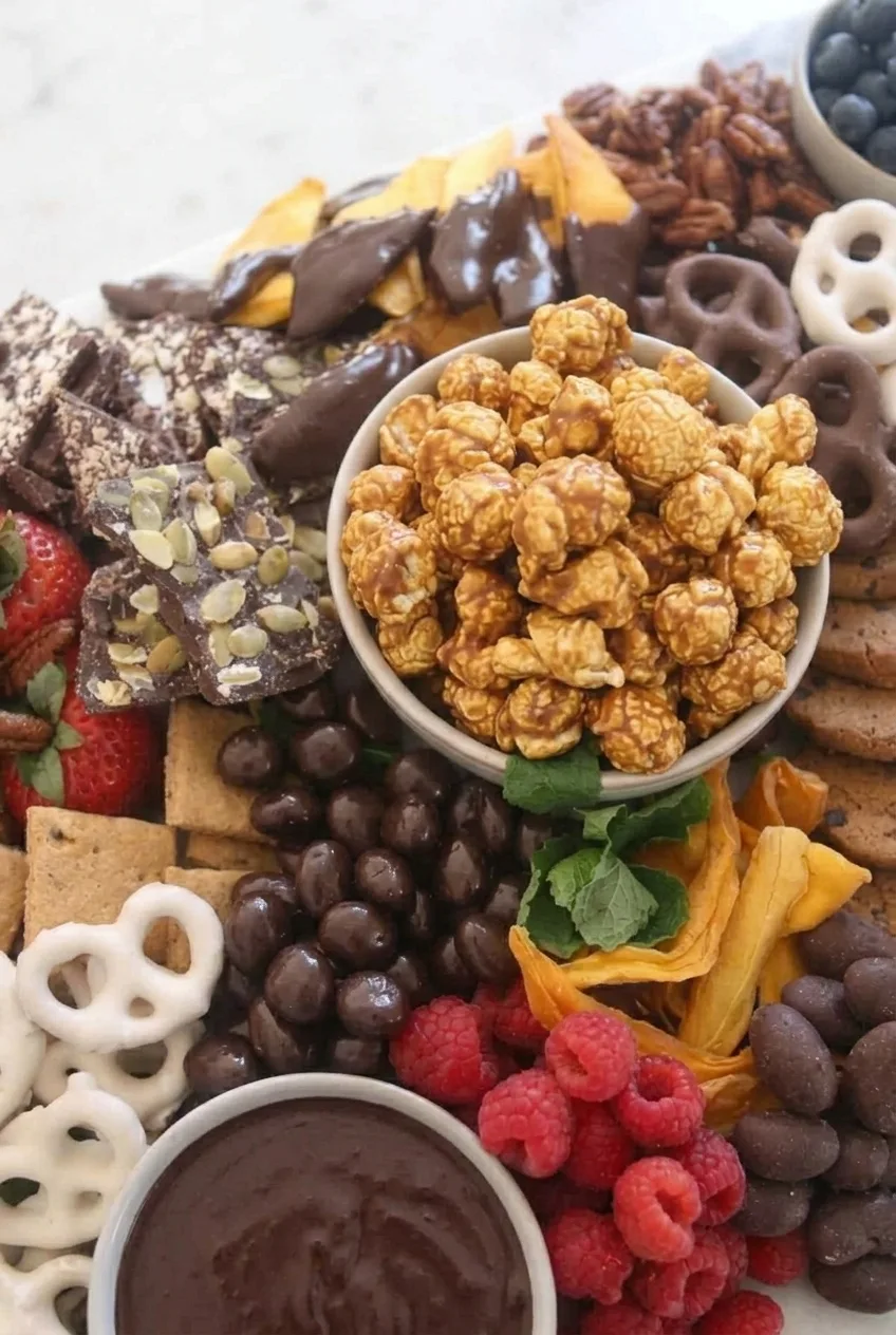 Close view of caramel popcorn beside textured chocolate bark, coated pretzels, and fresh fruit