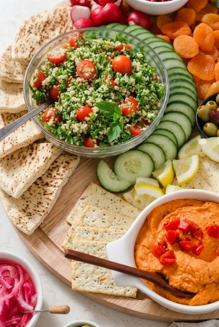 Close view of tabbouleh, roasted red pepper hummus, overlapping cucumber, pita, and crackers