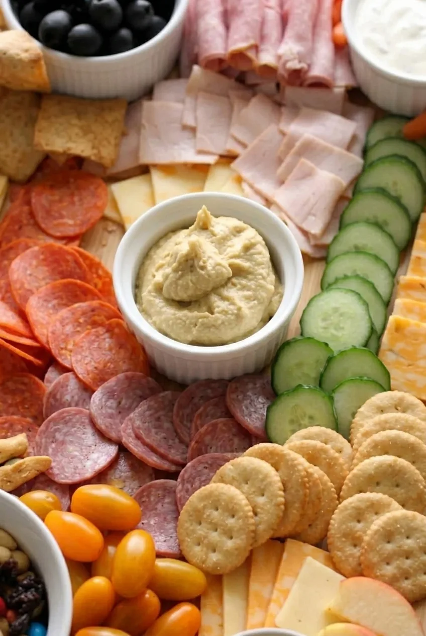 Close view of hummus, folded deli meats, cheese, crackers, and cucumber on the charcuterie board
