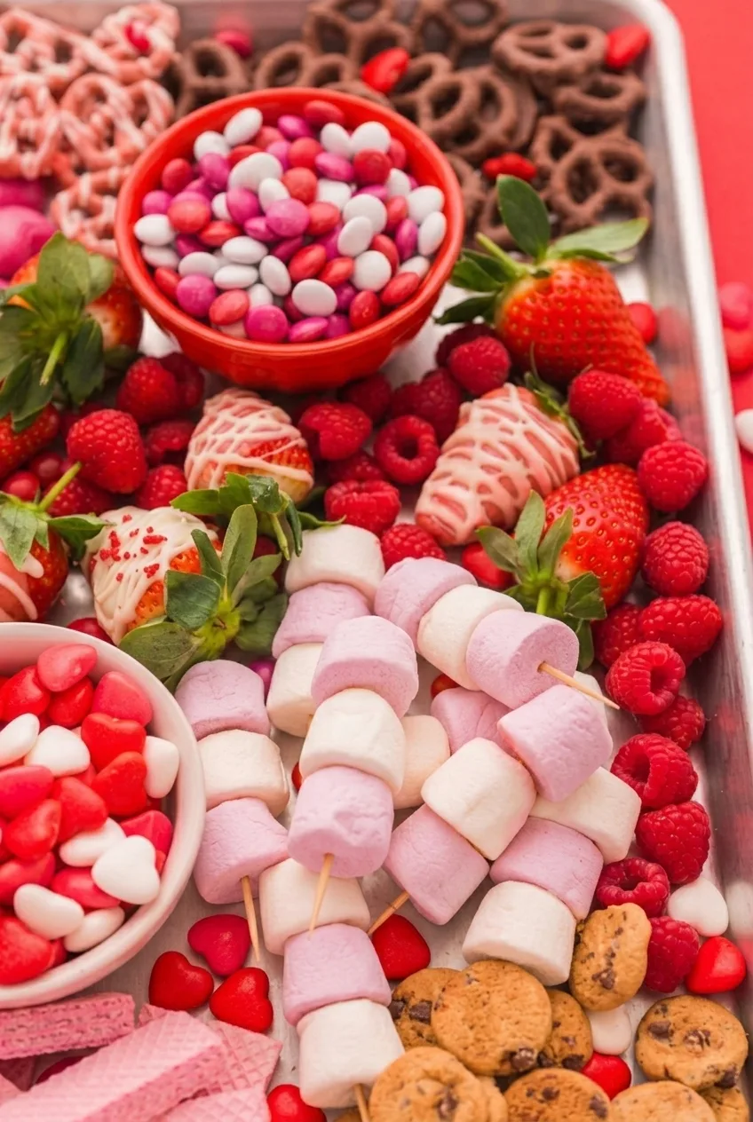 Close view of dipped strawberries, raspberries and pink-and-white marshmallow skewers on the dessert tray