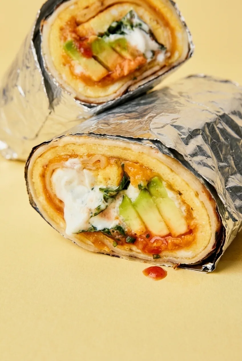 Close view of a breakfast burrito cut face with folded eggs, avocado and creamy filling
