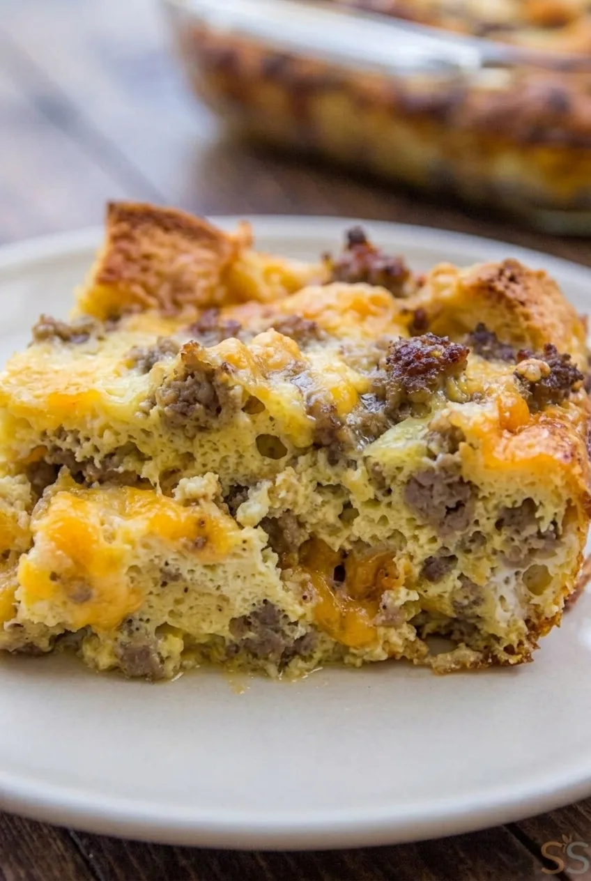 Close view of a cut casserole portion showing soft bread, sausage crumbles, and melted cheddar