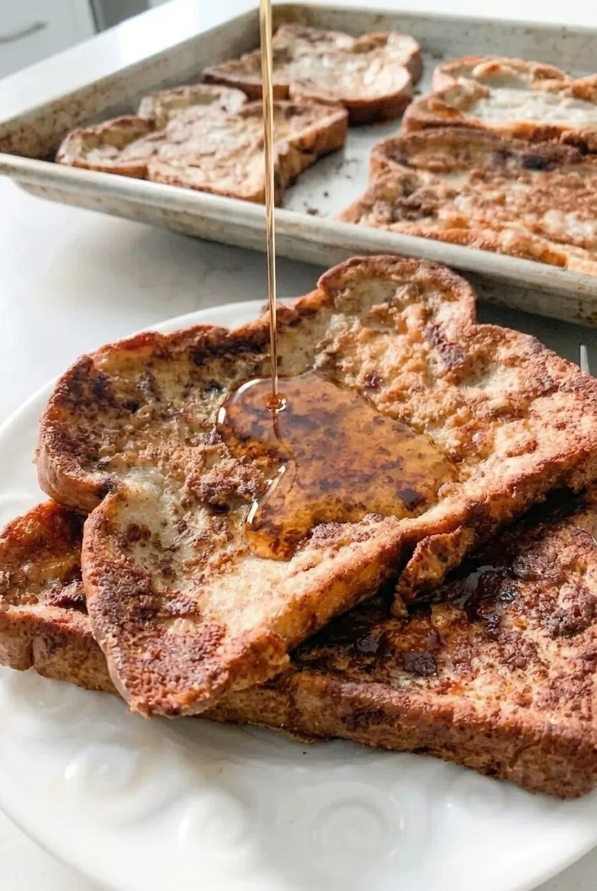 Close view of syrup-glazed French toast with mottled cinnamon browning and soft-looking centers.