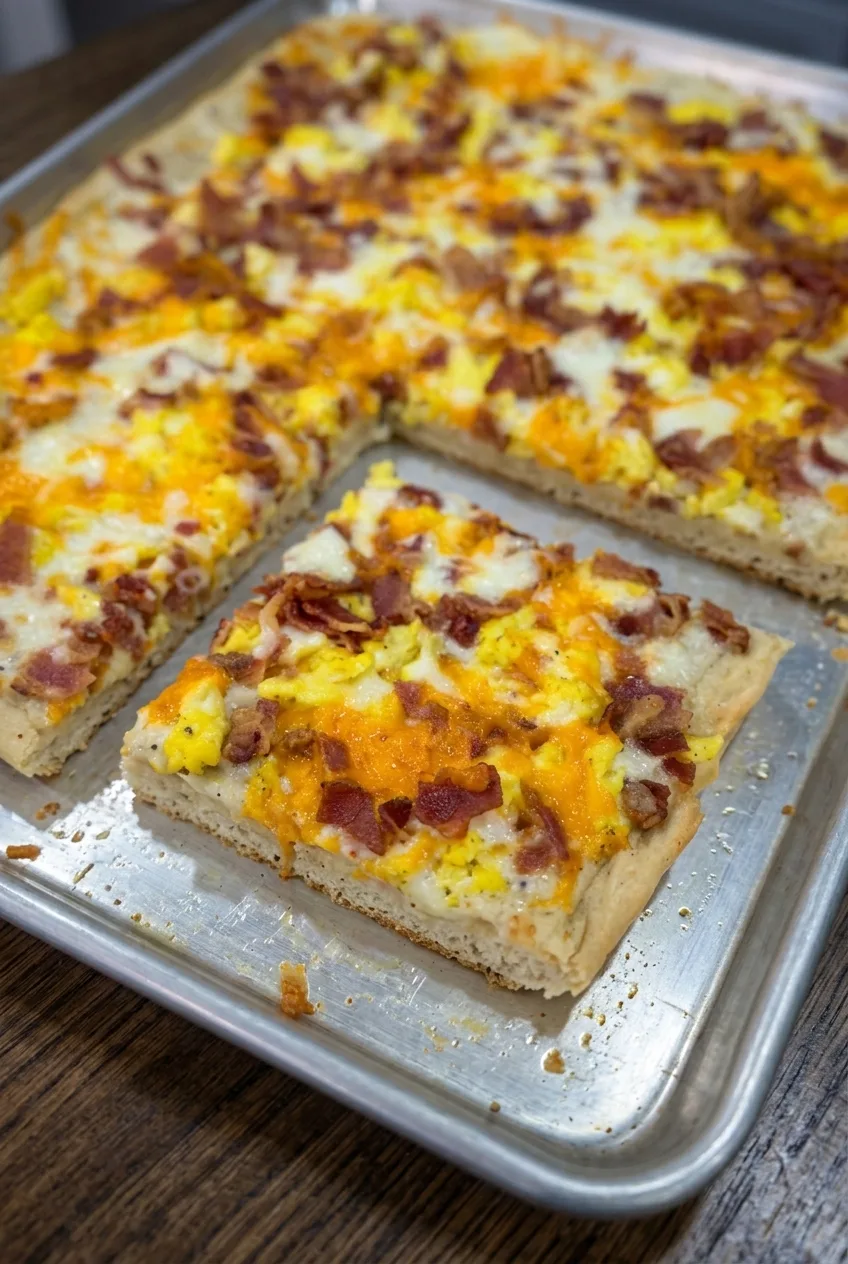Close view of a breakfast pizza square showing eggs, bacon, white gravy, melted cheese, and baked crust