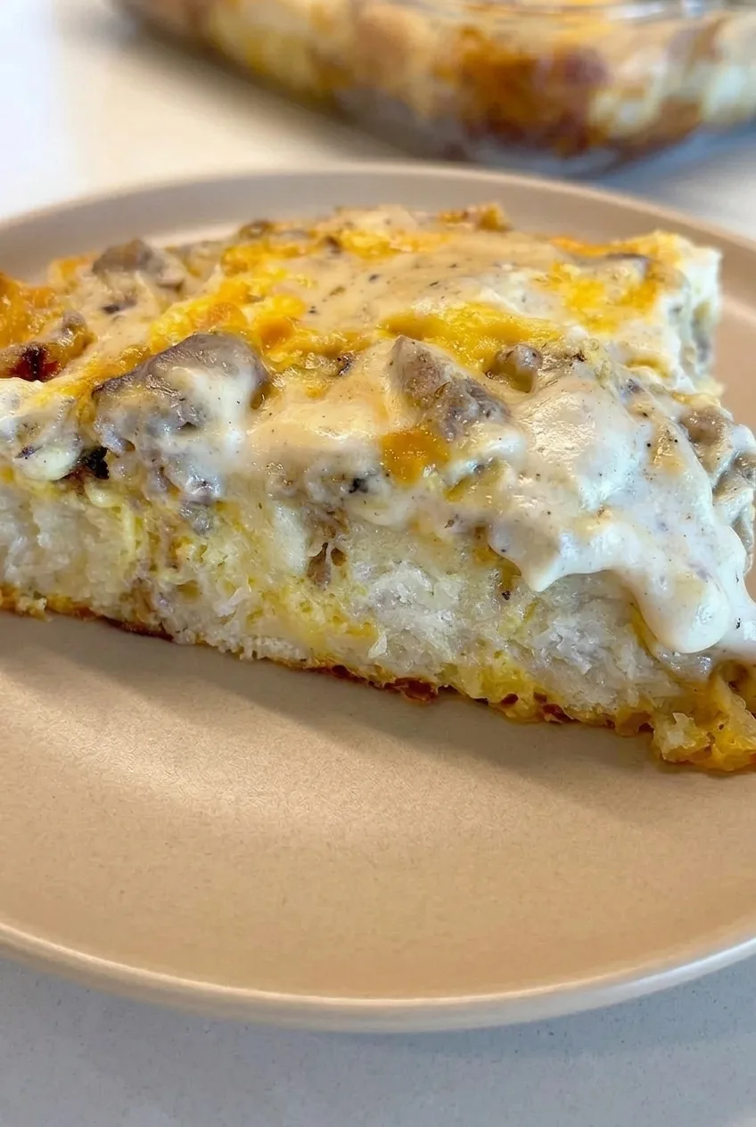 Close view of the casserole’s cooked biscuit-and-egg interior beneath thick, sausage-studded gravy
