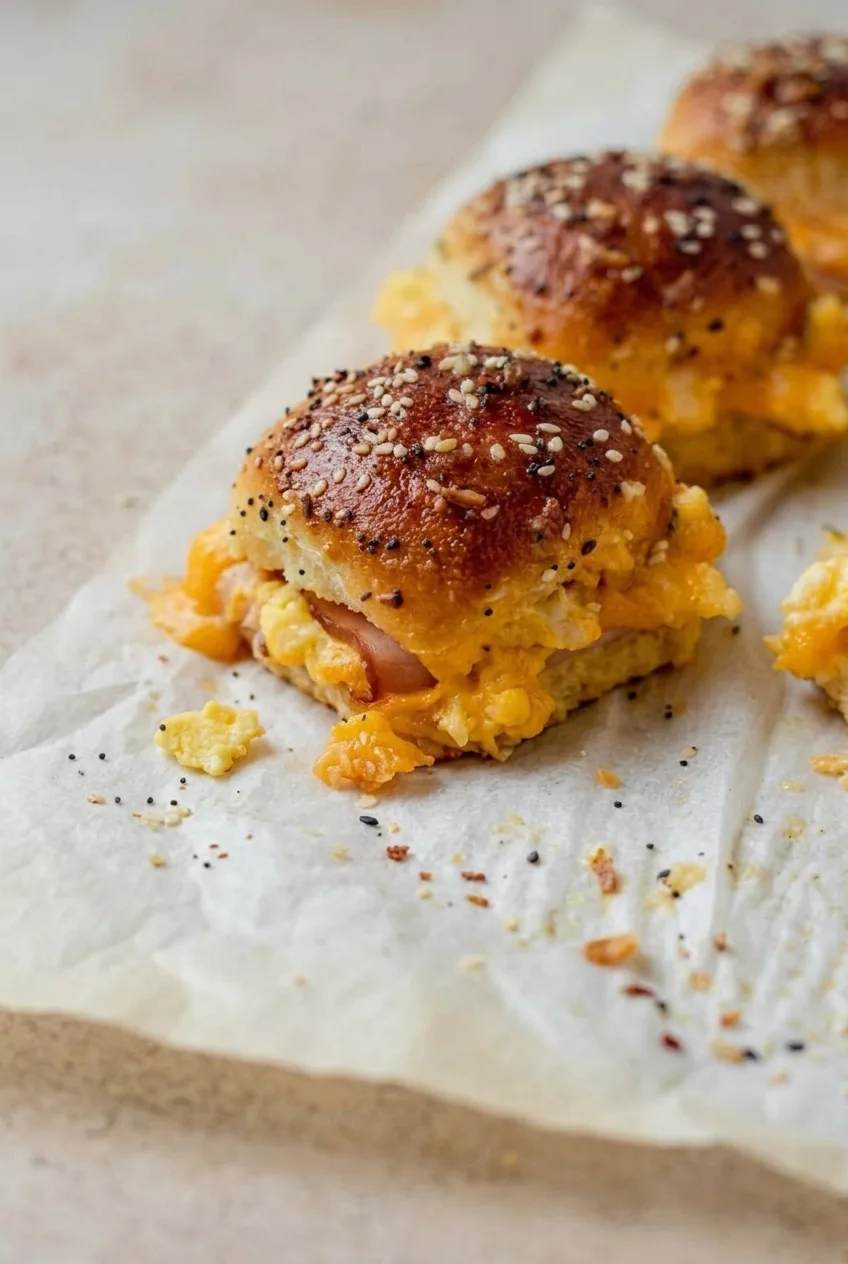 Close view of a slider showing fluffy scrambled egg, folded ham and melted cheddar beneath a seeded roll