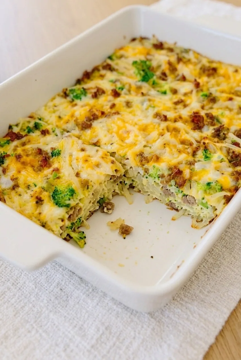 Close view of a cut casserole portion showing set egg, potato strands, sausage, broccoli, and cheddar.